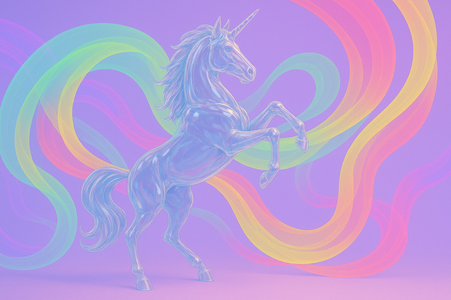 Pastel unicorn illustration with flowing multicolor ribbons