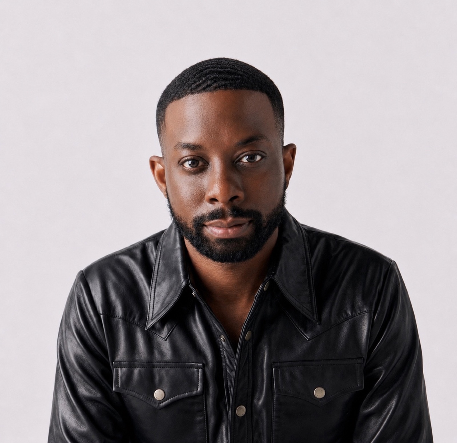 Studio headshot of John Imah wearing a black leather shirt